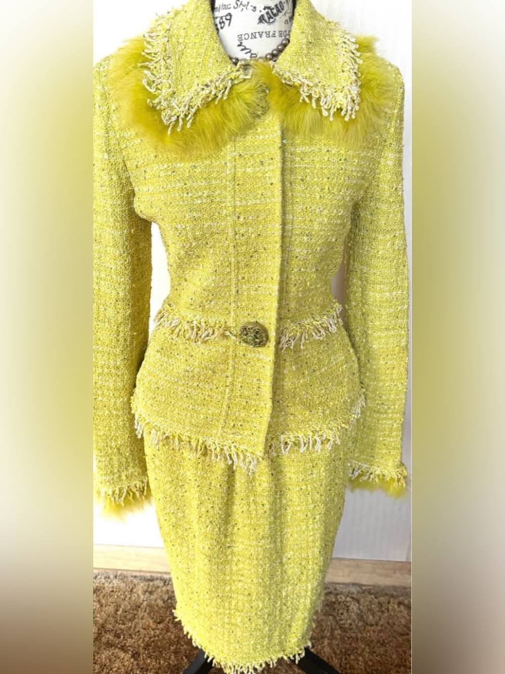 St. John Bright Yellow Tweed Jacket with Fur-Trim Collar